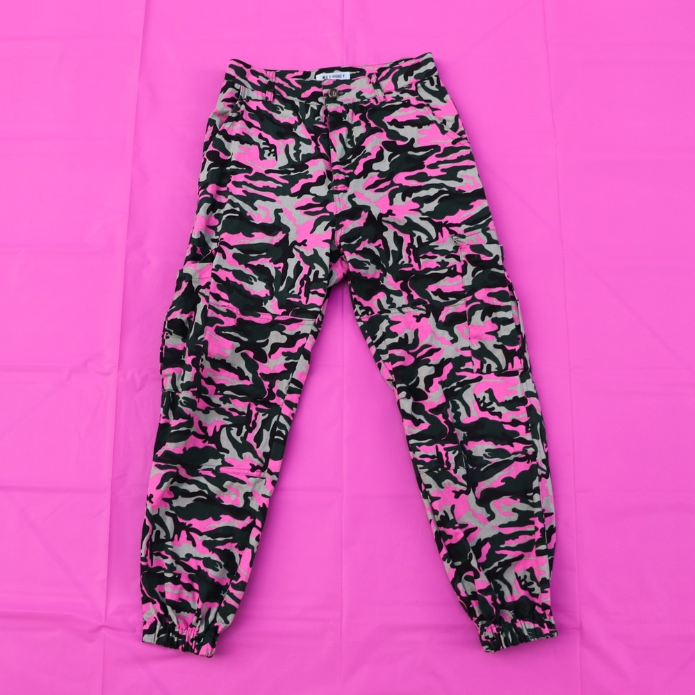 Camo Print Cargo Pants in pink and green